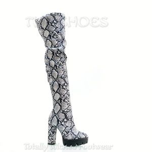 Skin Stretch Lug Sole Thigh High Snake Skin Print